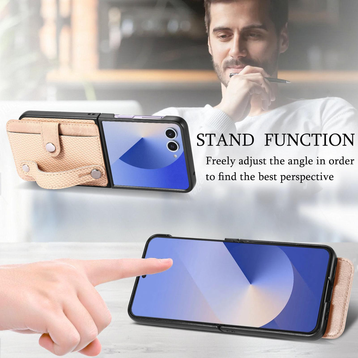For Galaxy Z Flip8 5G Wristband Kickstand Card Wallet Back Cover Phone Case - Khaki - SYA002604104D