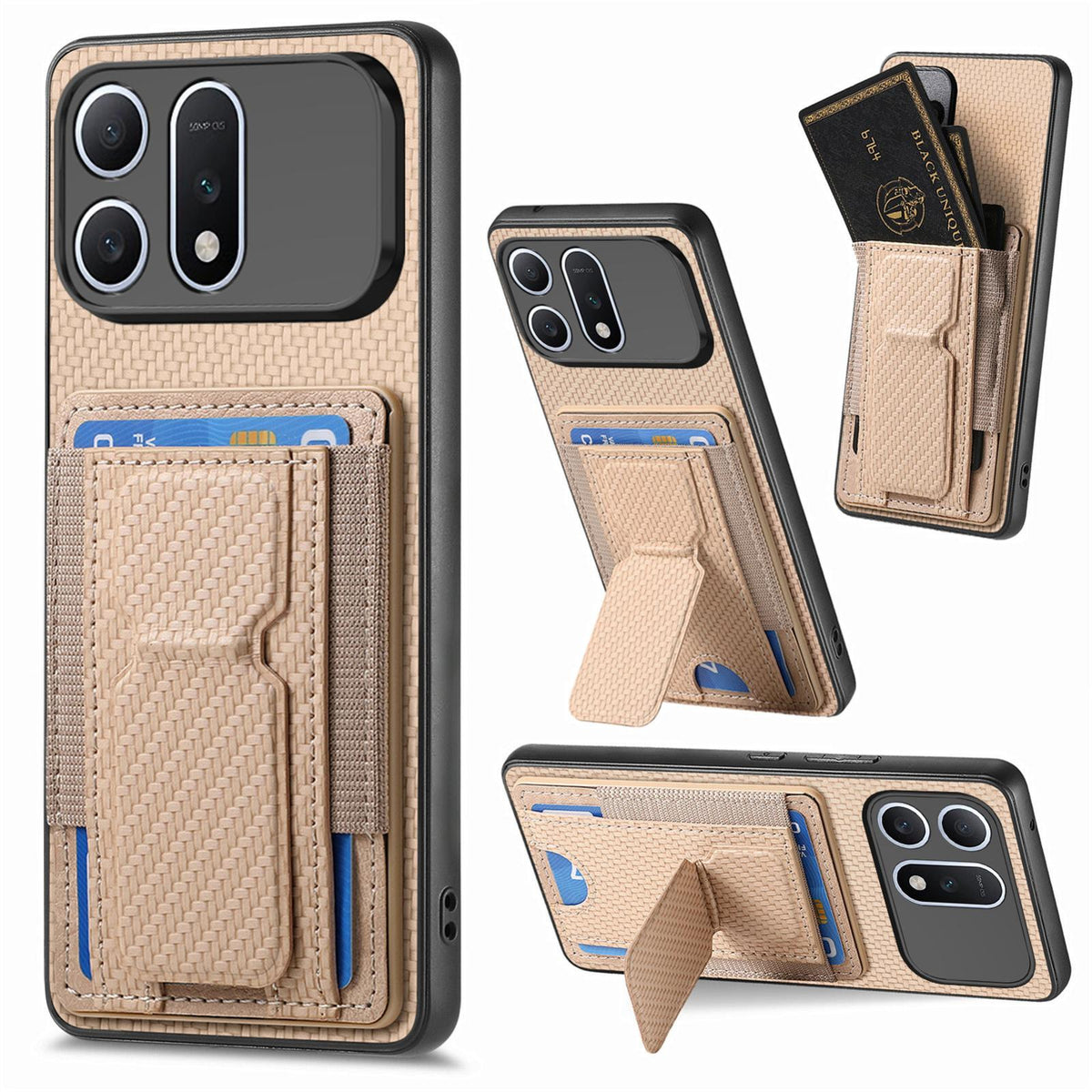 For Honor Win Turbo 5G Carbon Fiber Fold Stand Elastic Card Bag Phone Case - Khaki - SYA002775604D