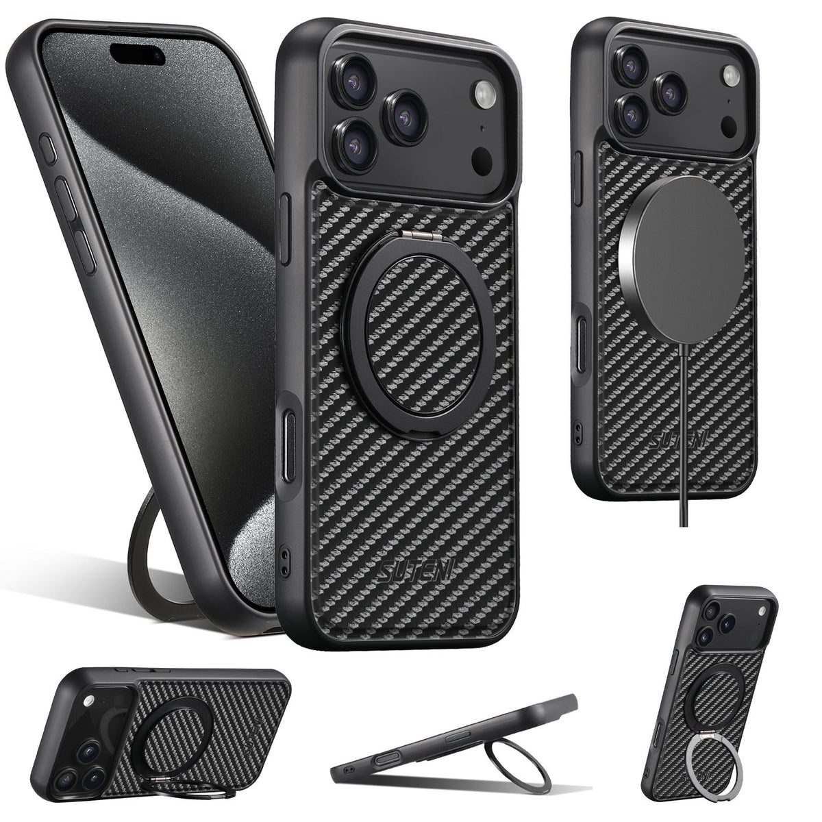 For iPhone 18 Pro Suteni G3 Carbon Fiber Leather 360 Rotation Holder MagSafe Phone Case - Black - SYA002805223A