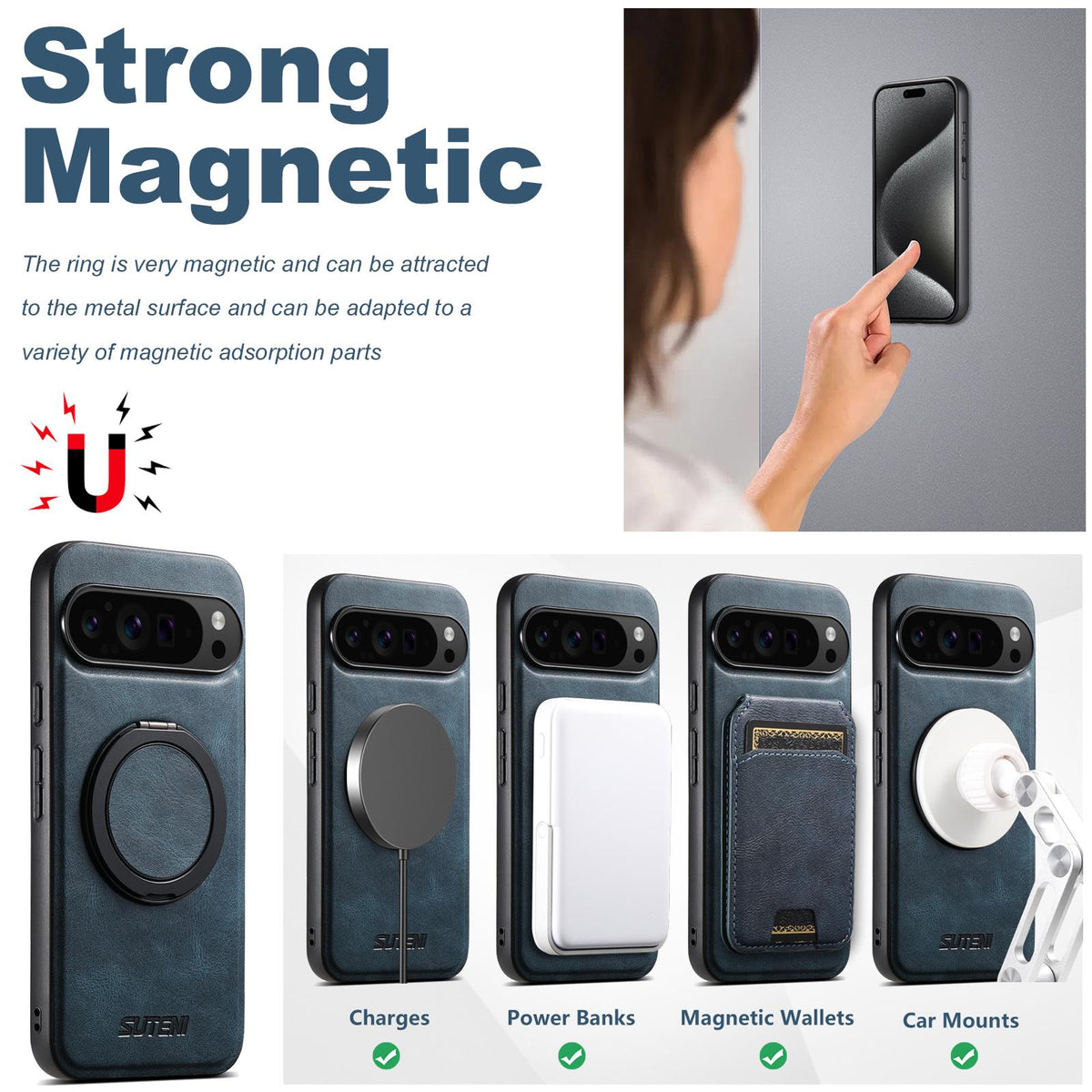 For Google Pixel 11 Suteni G3 Oil Wax 360 Rotation Holder MagSafe Back Phone Case - Blue - SYA002805416C