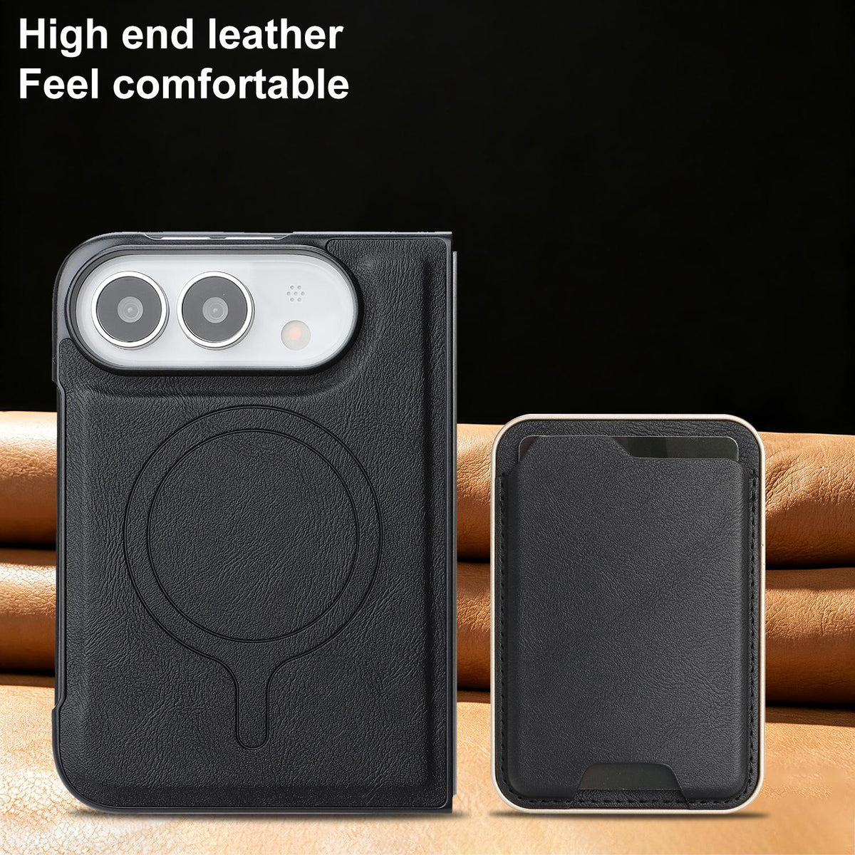 For iPhone Duo Kalebol Slim MagSafe Ring Magnetic Card Bag Leather Phone Case - Black - SYA002963105A