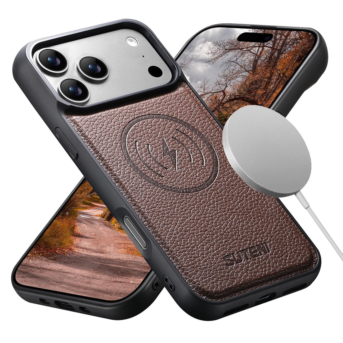 For iPhone 18 Pro Max Suteni G5 Large Litchi Texture Vegan Leather Magnetic Back Phone Case - Brown - SYA003116019B