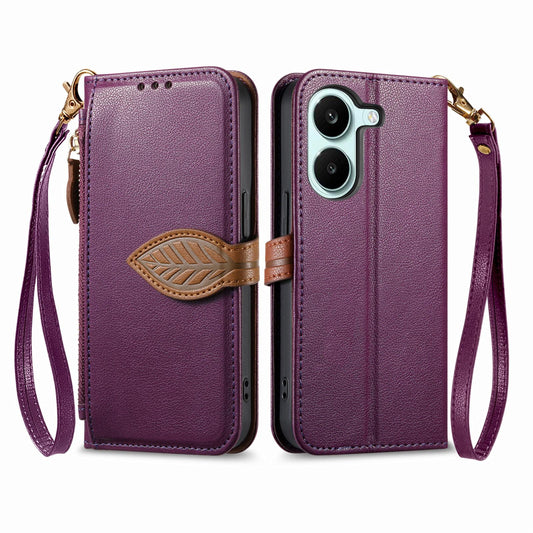 For Honor Play 80 Plus 5G Leaf Buckle Zipper Wallet Leather Phone Case with Strap(Purple)