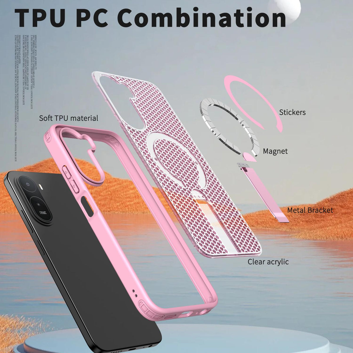 For Redmi A7 Pro 4G / 5G 171mm Kalebol Honeycomb Cooling MagSafe Holder Phone Case - Cherry Blossom Pink - SYA003207907E