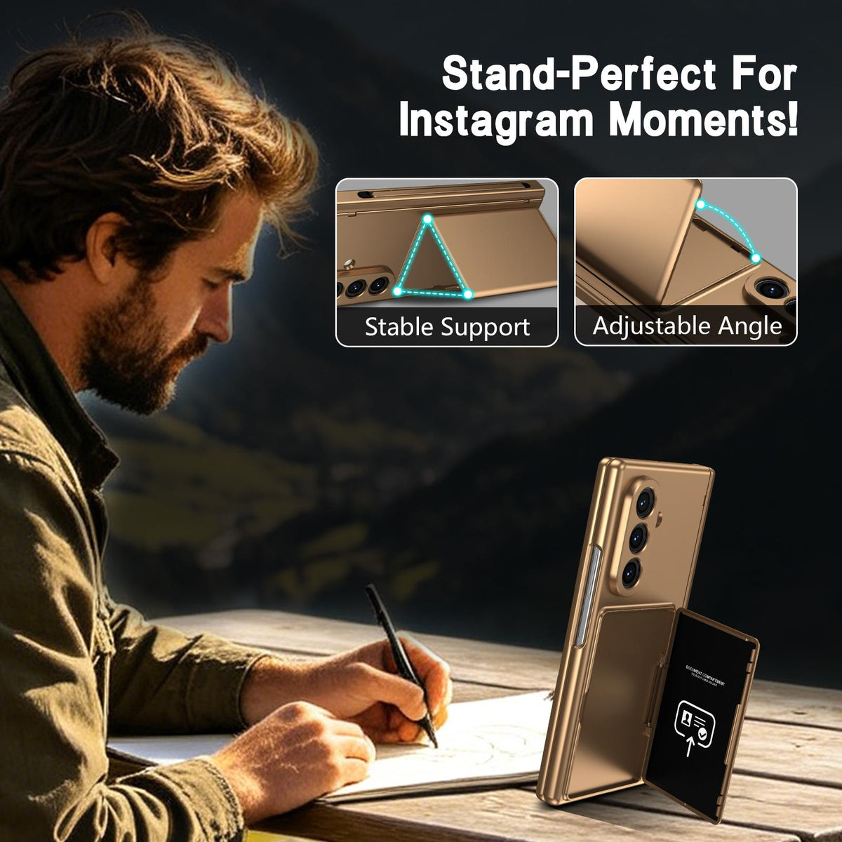 For Galaxy Z Fold8 Ultra 5G Card Bag Holder Hinge Integrated Film Phone Case, No Pen - Gold - SYA003377701E