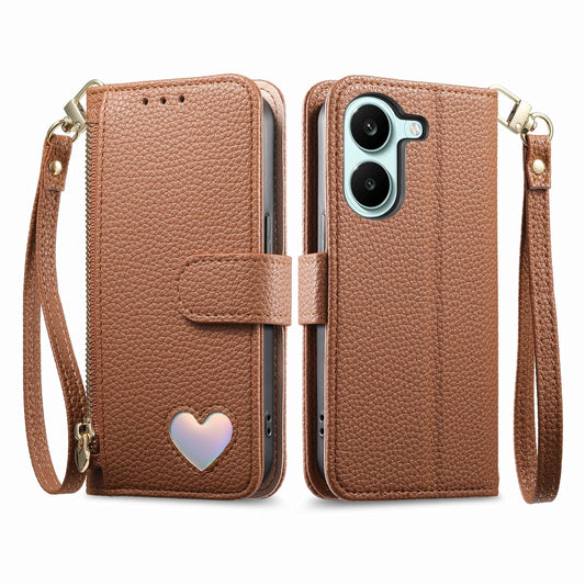 For Honor Play 80 Plus 5G Fantasy Love Heart Zipper Wallet Vegan Leather Phone Case with Strap(Brown)