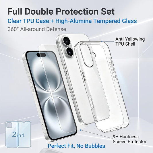 2 in 1 Set Clear TPU Phone Case with High Alumina Tempered Glass Film For iPhone 16