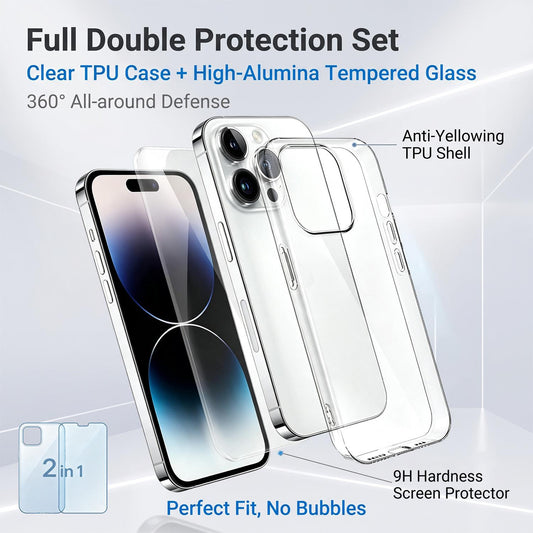 2 in 1 Set Clear TPU Phone Case with High Alumina Tempered Glass Film For iPhone 14 Pro