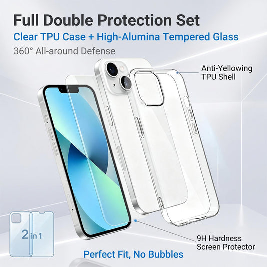 2 in 1 Set Clear TPU Phone Case with High Alumina Tempered Glass Film For iPhone 13