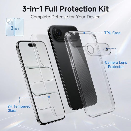 3 in 1 Set Clear TPU Phone Case with High Alumina Tempered Glass Film + Lens Protector For iPhone Air