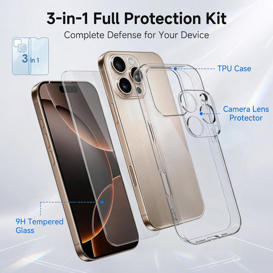 3 in 1 Set Clear TPU Phone Case with High Alumina Tempered Glass Film + Lens Protector For iPhone 16 Pro
