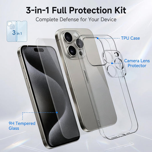3 in 1 Set Clear TPU Phone Case with High Alumina Tempered Glass Film + Lens Protector For iPhone 15 Pro Max