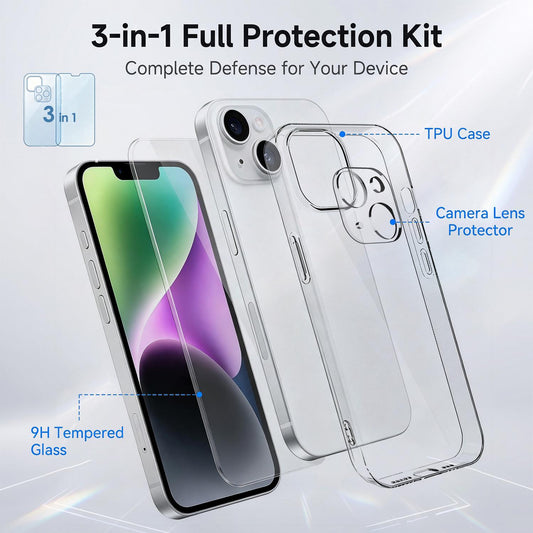 3 in 1 Set Clear TPU Phone Case with High Alumina Tempered Glass Film + Lens Protector For iPhone 14 Plus