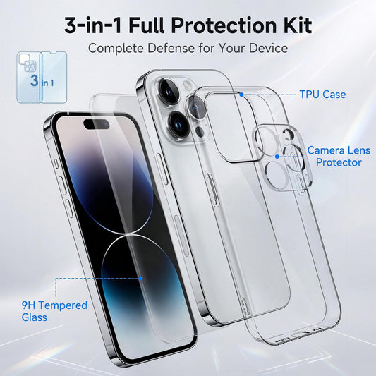 3 in 1 Set Clear TPU Phone Case with High Alumina Tempered Glass Film + Lens Protector For iPhone 14 Pro