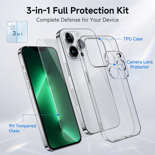3 in 1 Set Clear TPU Phone Case with High Alumina Tempered Glass Film + Lens Protector For iPhone 13 Pro Max
