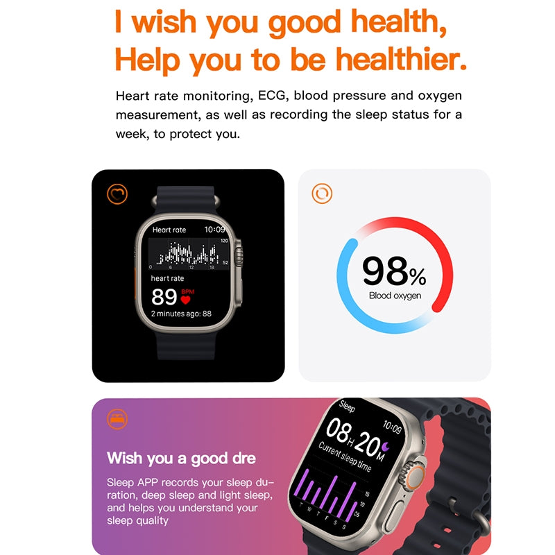 T800 Ultra 1.99 inch Ocean Silicone Band Smart Watch Support Heart Rate / ECG (Orange)