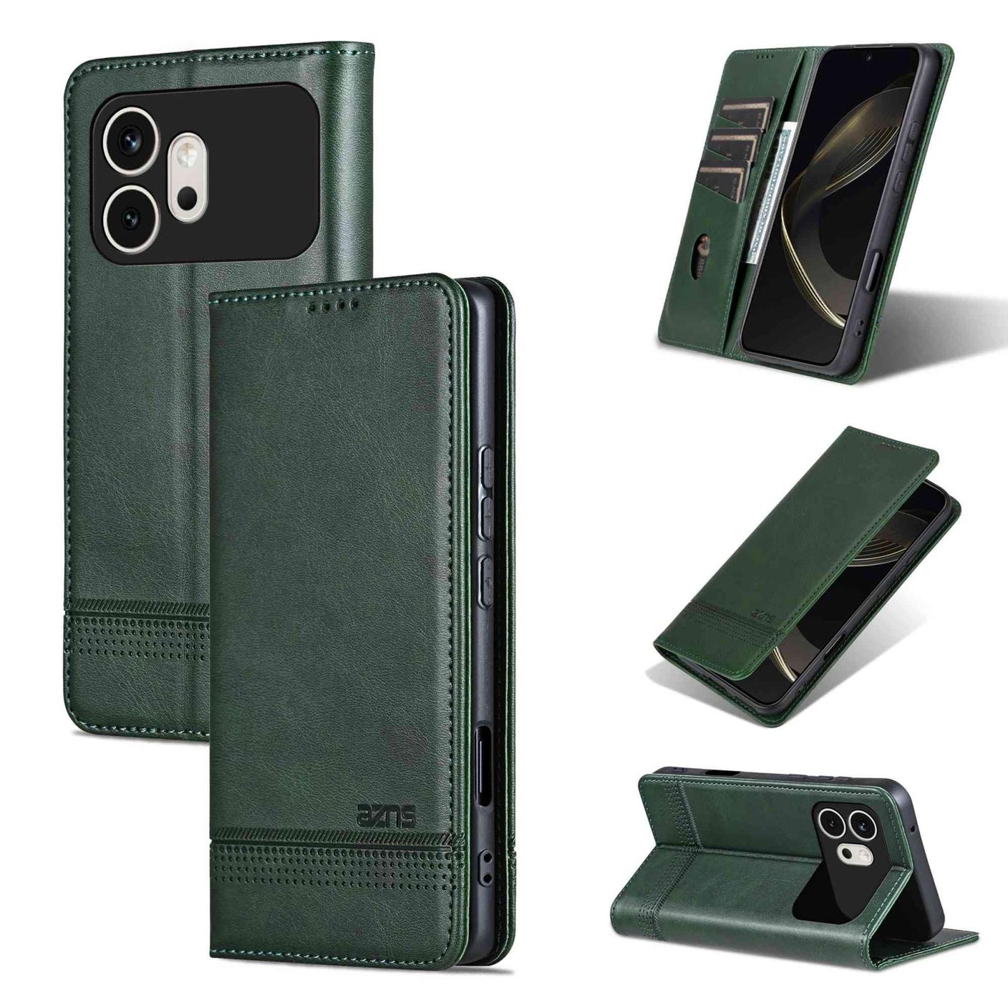 For Honor 600 Global AZNS Magnetic Calf Texture Flip Leather Phone Case(Dark Green)