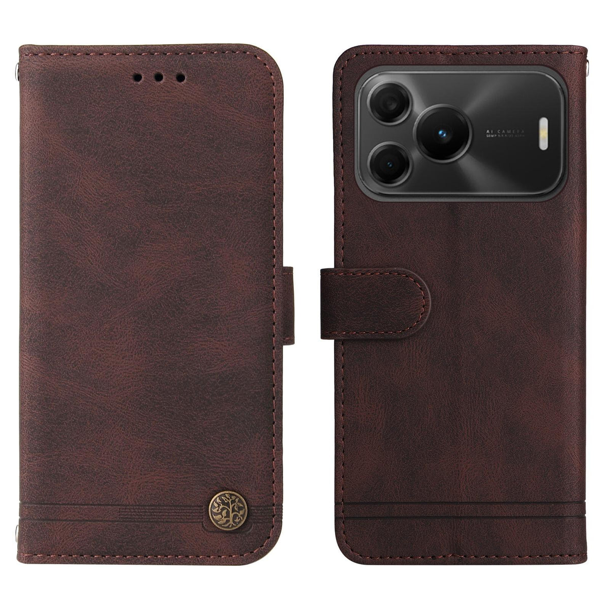For Huawei nova 16 SE 5G Skin Feel Life Tree Metal Button Leather Phone Case - Brown - EDA004594523C