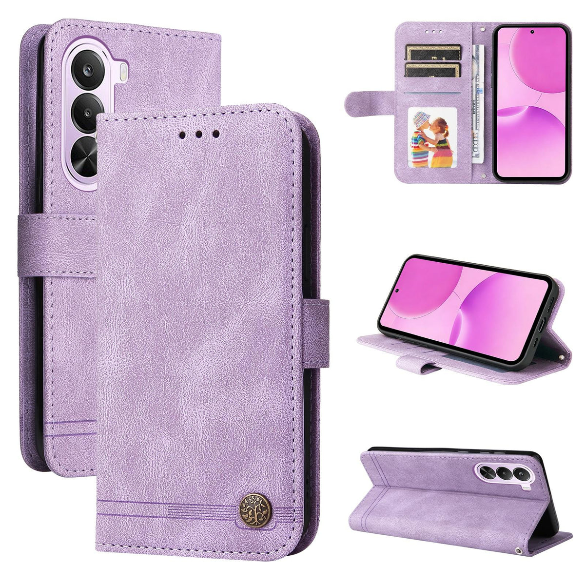 For Realme P4x 5G Skin Feel Life Tree Metal Button Leather Phone Case - Purple - EDA004594730B