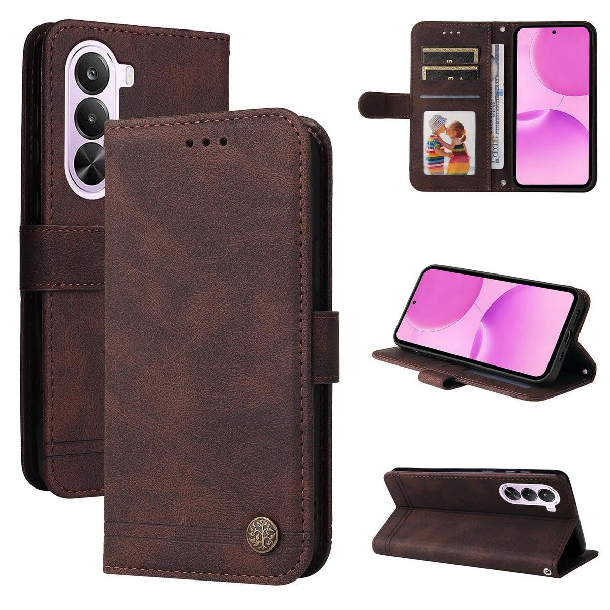 For Realme P4x 5G Skin Feel Life Tree Metal Button Leather Phone Case - Brown - EDA004594730C