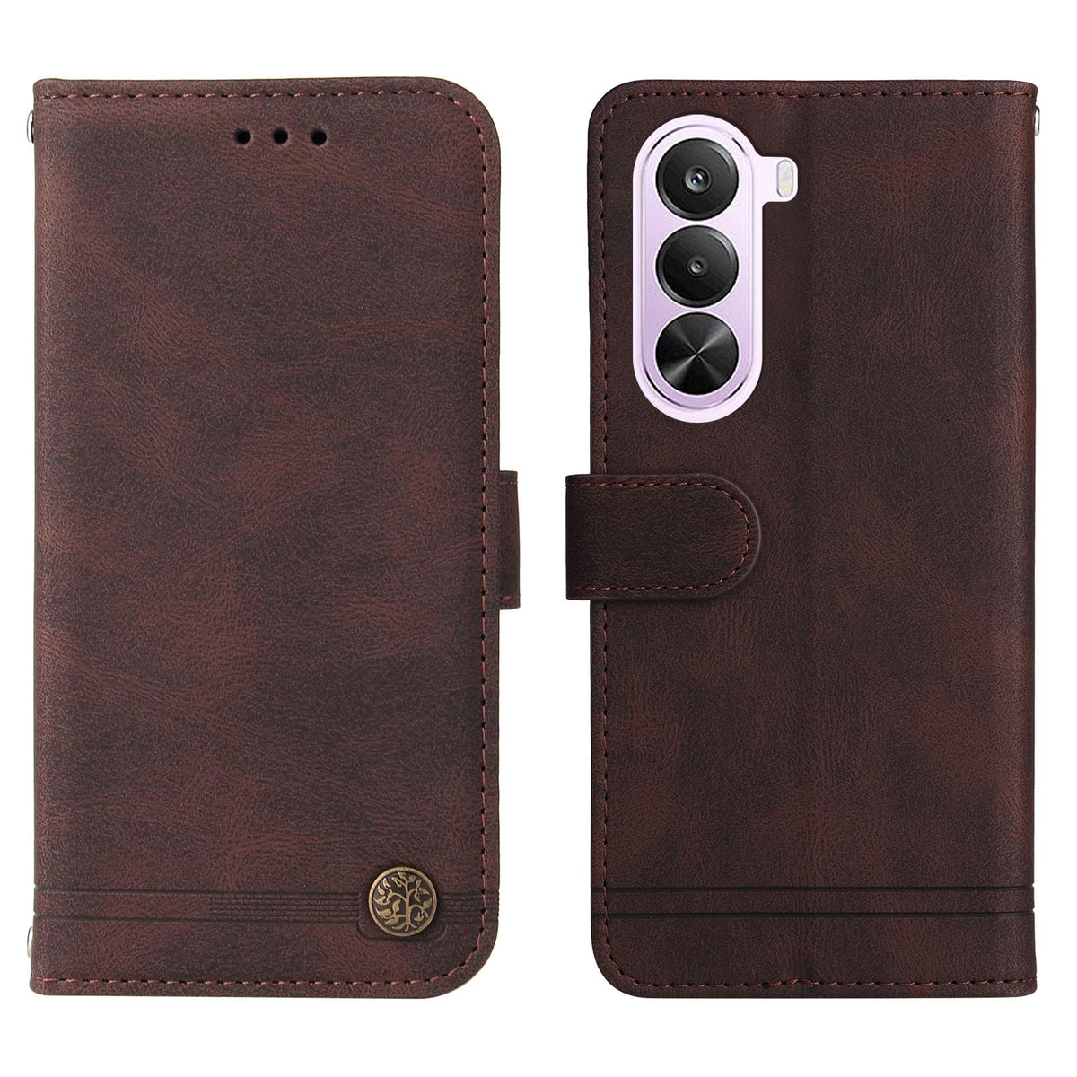 For Realme P4x 5G Skin Feel Life Tree Metal Button Leather Phone Case - Brown - EDA004594730C