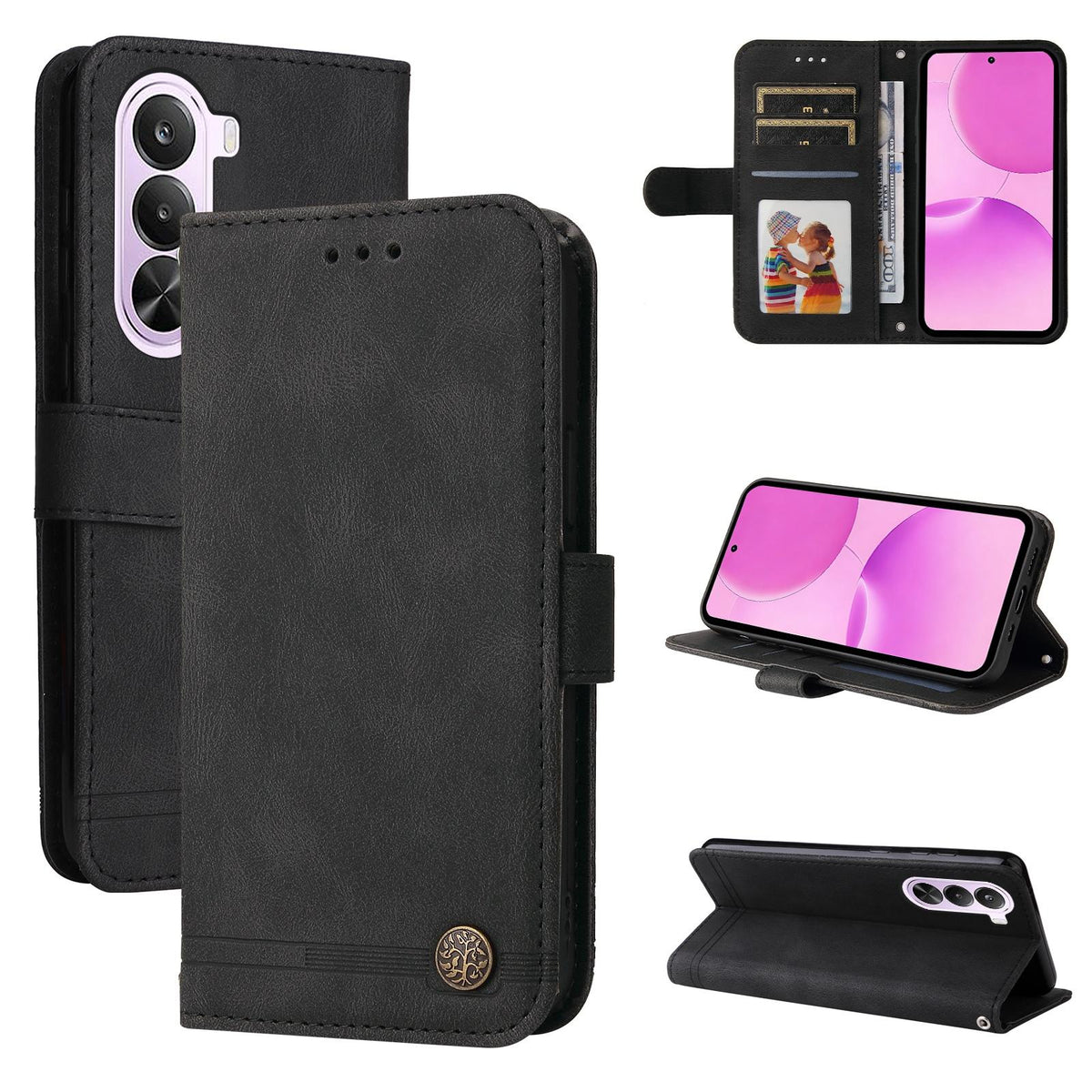 For Realme P4x 5G Skin Feel Life Tree Metal Button Leather Phone Case - Black - EDA004594730D