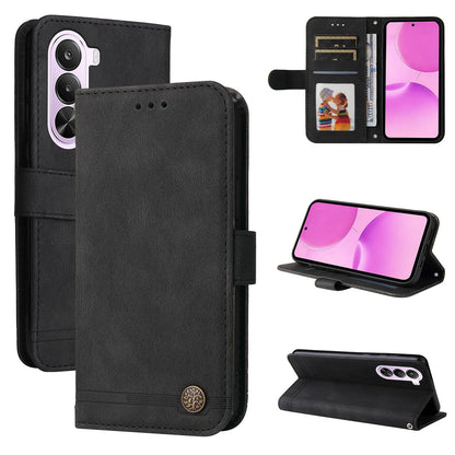 For Realme P4x 5G Skin Feel Life Tree Metal Button Leather Phone Case - Black - EDA004594730D
