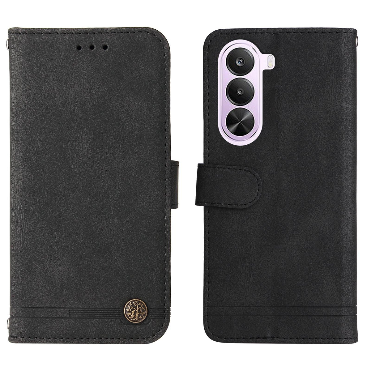 For Realme P4x 5G Skin Feel Life Tree Metal Button Leather Phone Case - Black - EDA004594730D