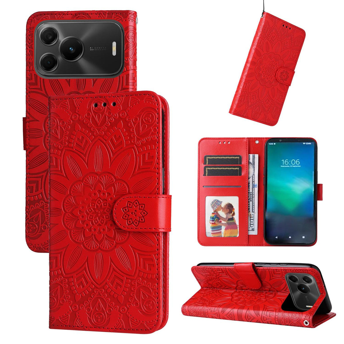 For Huawei nova 16 SE 5G Embossed Sunflower Leather Phone Case - Red - EDA004599721A