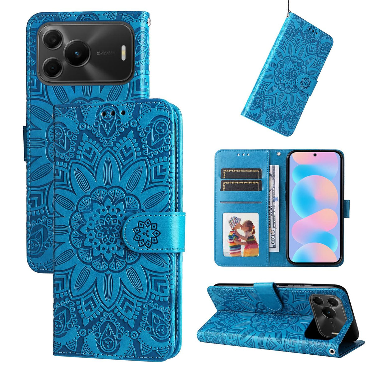 For Huawei nova 16 SE 5G Embossed Sunflower Leather Phone Case - Blue - EDA004599721B