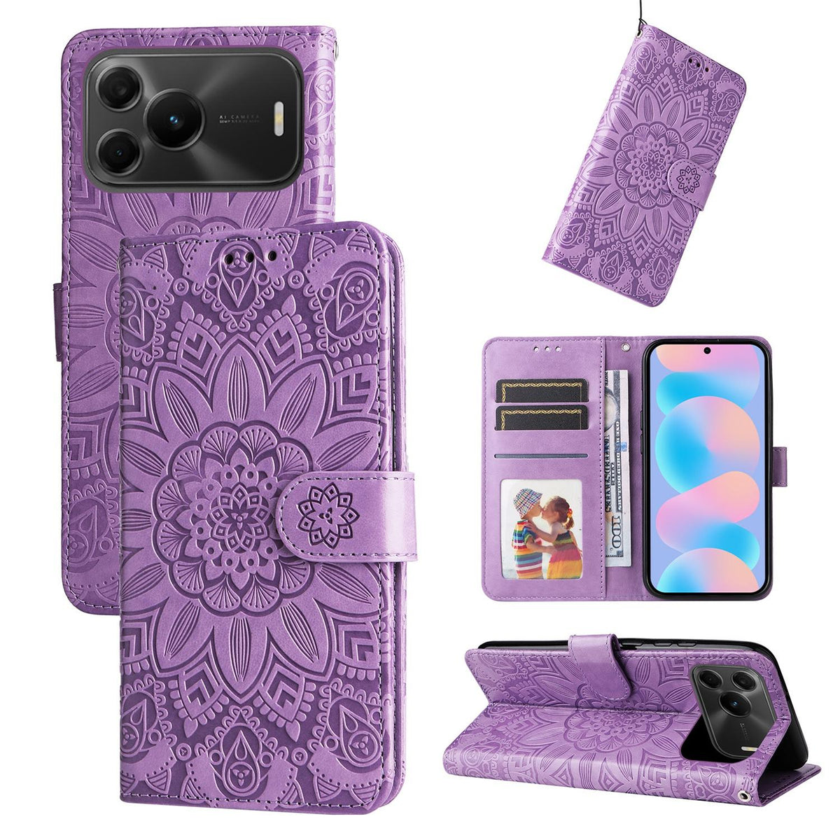 For Huawei nova 16 SE 5G Embossed Sunflower Leather Phone Case - Purple - EDA004599721C