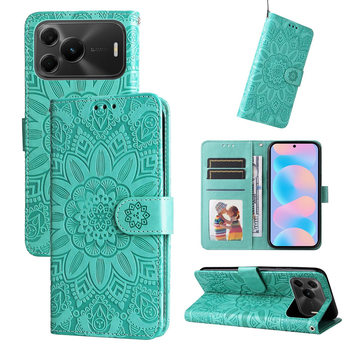 For Huawei nova 16 SE 5G Embossed Sunflower Leather Phone Case - Green - EDA004599721D