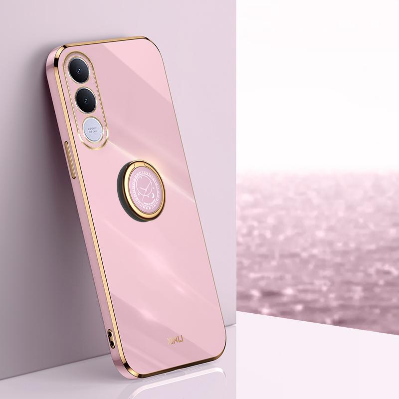 For vivo V70 FE 5G XINLI Straight Edge 6D Electroplate TPU Phone Case with Ring Holder - Cherry Purple - EDA004606928B