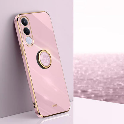 For vivo V70 FE 5G XINLI Straight Edge 6D Electroplate TPU Phone Case with Ring Holder - Cherry Purple - EDA004606928B