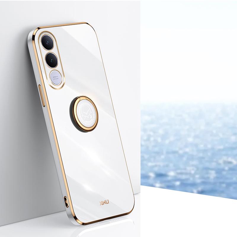 For vivo V70 FE 5G XINLI Straight Edge 6D Electroplate TPU Phone Case with Ring Holder - White - EDA004606928E