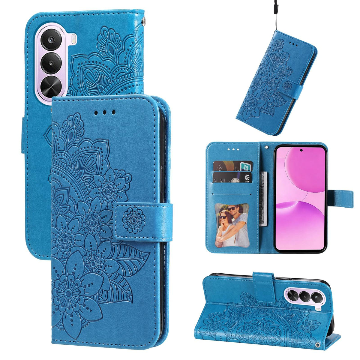 For Realme P4x 5G Seven-petal Flowers Embossing Leather Phone Case - Blue - EDA004646430B