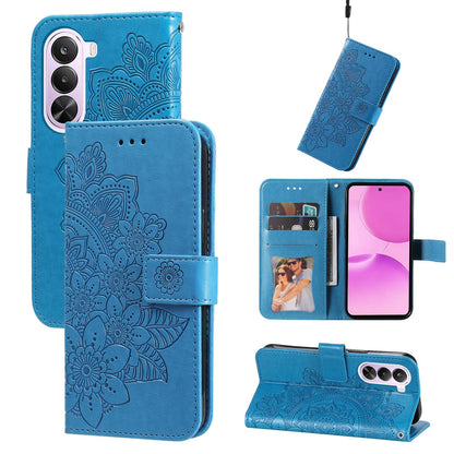 For Realme P4x 5G Seven-petal Flowers Embossing Leather Phone Case - Blue - EDA004646430B