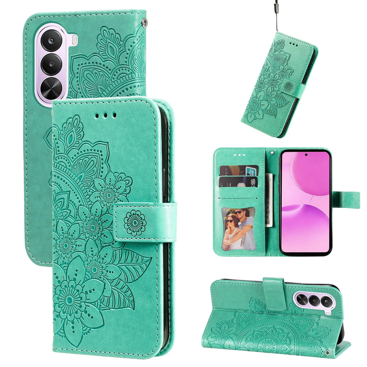 For Realme P4x 5G Seven-petal Flowers Embossing Leather Phone Case - Green - EDA004646430C