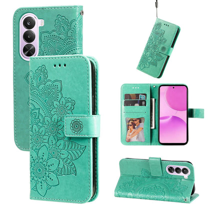 For Realme P4x 5G Seven-petal Flowers Embossing Leather Phone Case - Green - EDA004646430C