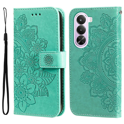 For Realme P4x 5G Seven-petal Flowers Embossing Leather Phone Case - Green - EDA004646430C