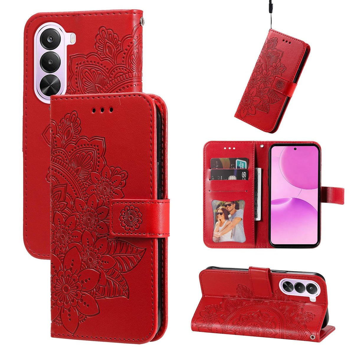 For Realme P4x 5G Seven-petal Flowers Embossing Leather Phone Case - Red - EDA004646430D