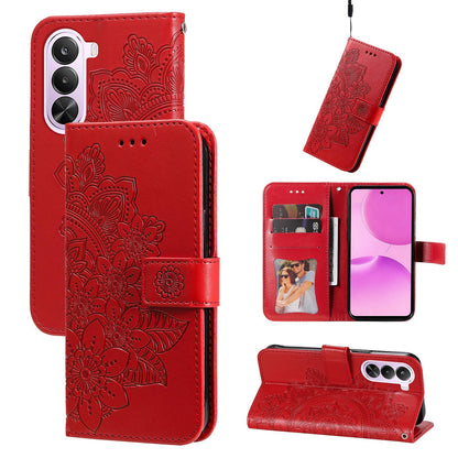 For Realme P4x 5G Seven-petal Flowers Embossing Leather Phone Case - Red - EDA004646430D