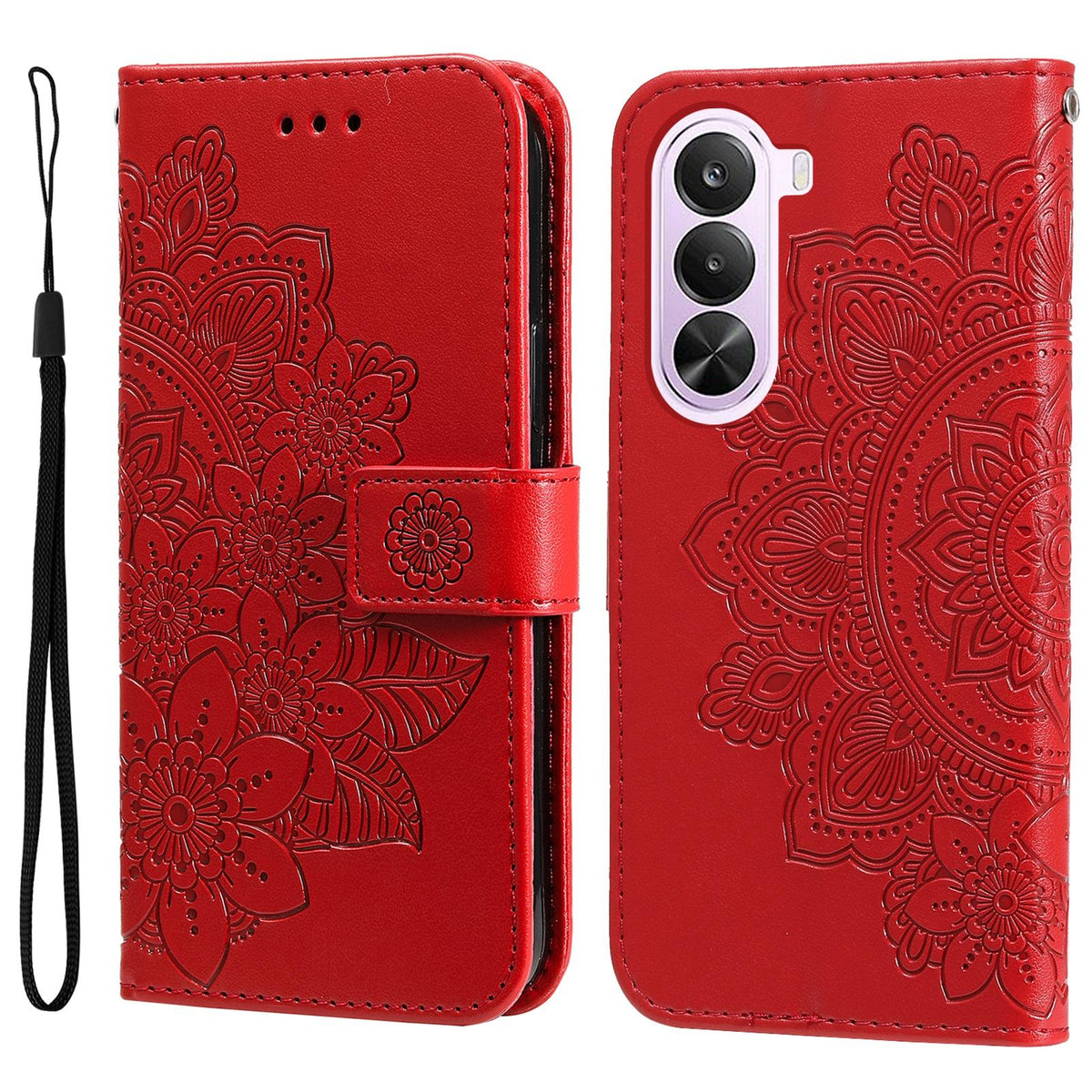For Realme P4x 5G Seven-petal Flowers Embossing Leather Phone Case - Red - EDA004646430D