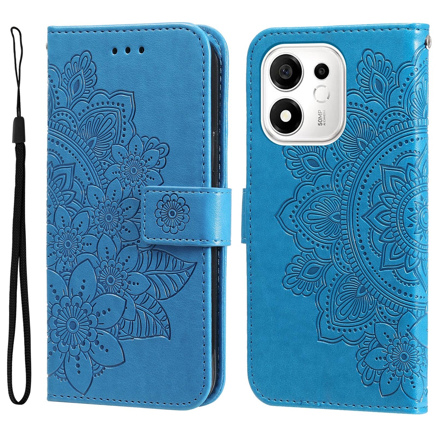 For Honor 600 Smart 5G Seven-petal Flowers Embossing Leather Phone Case(Blue)