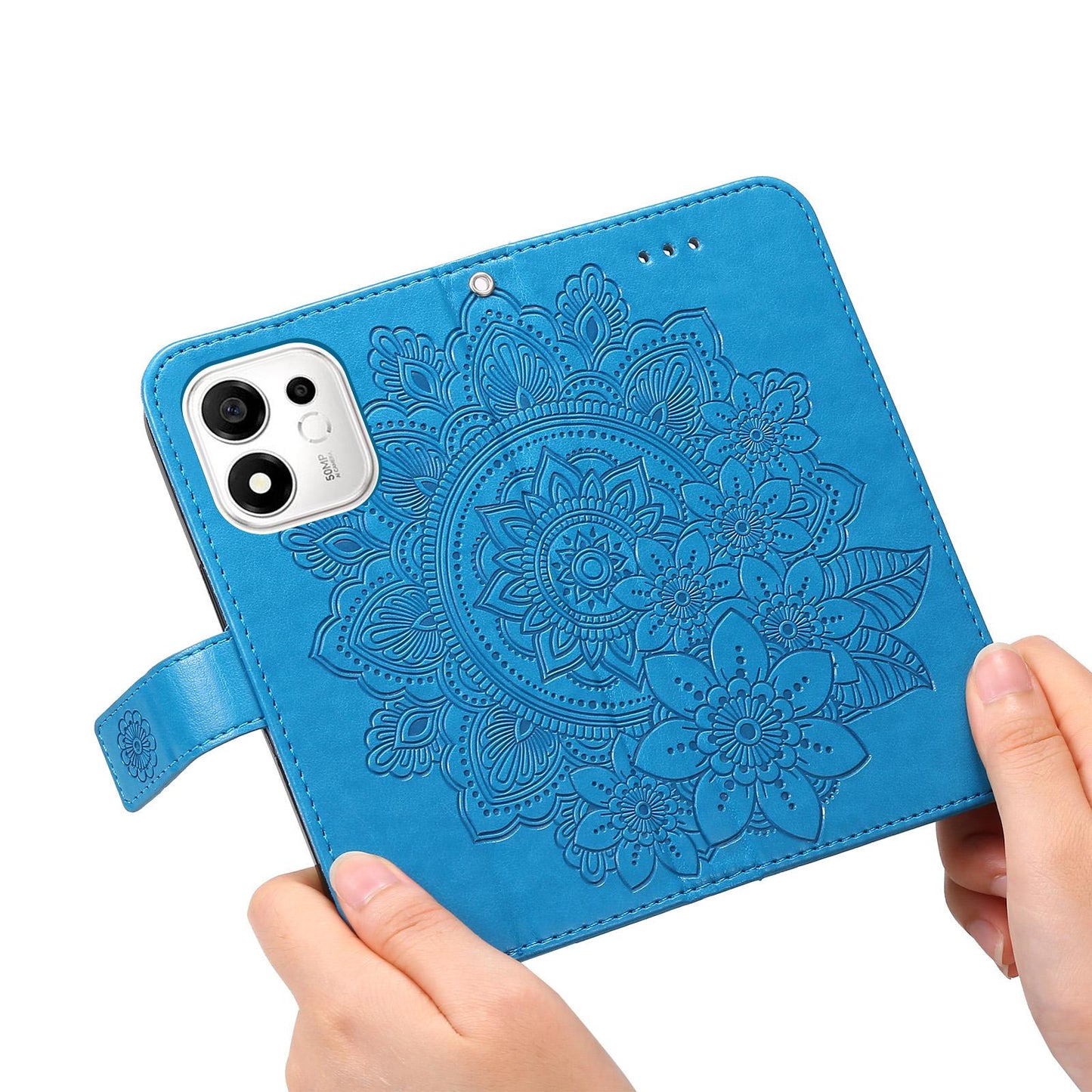 For Honor 600 Smart 5G Seven-petal Flowers Embossing Leather Phone Case(Blue)