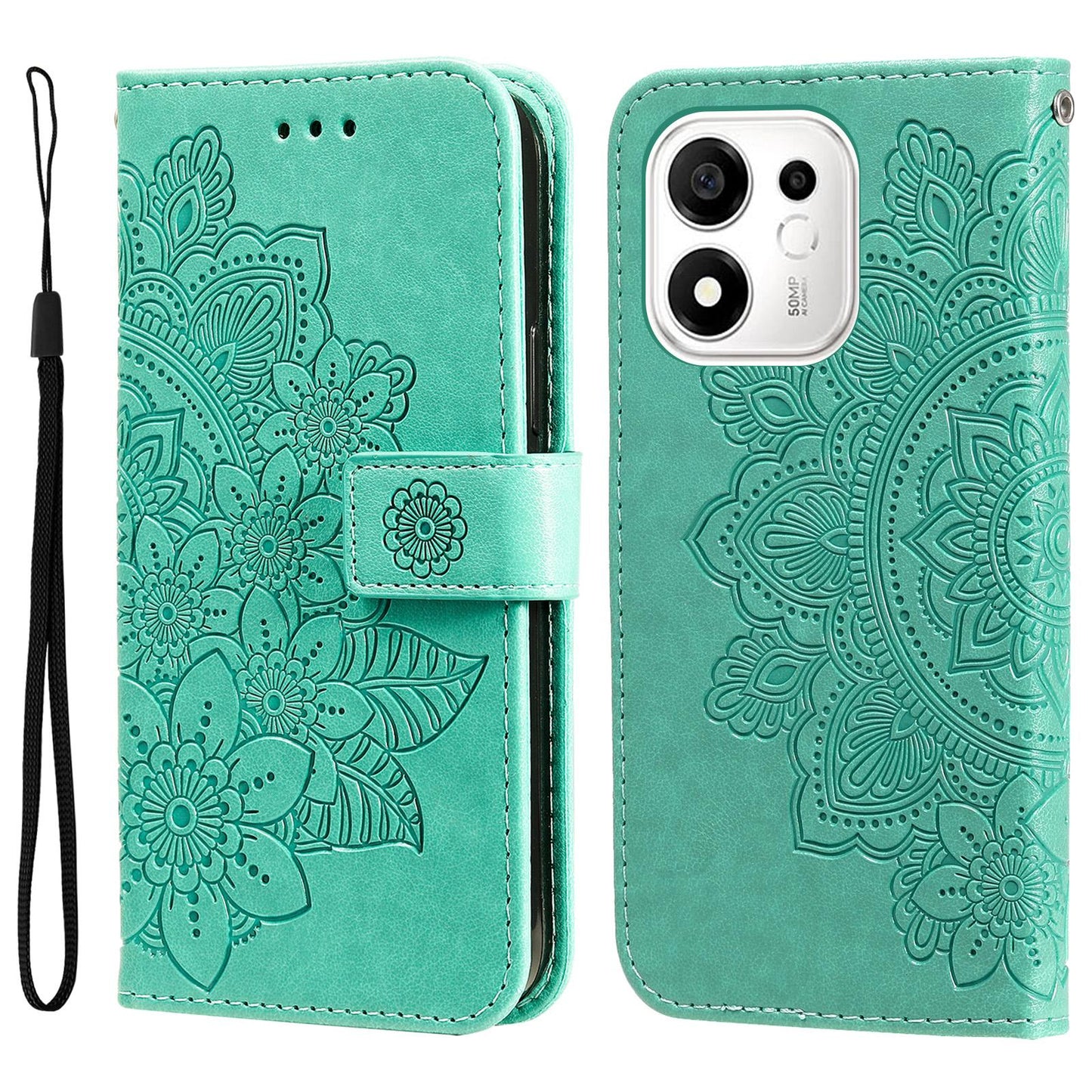 For Honor 600 Smart 5G Seven-petal Flowers Embossing Leather Phone Case(Green)