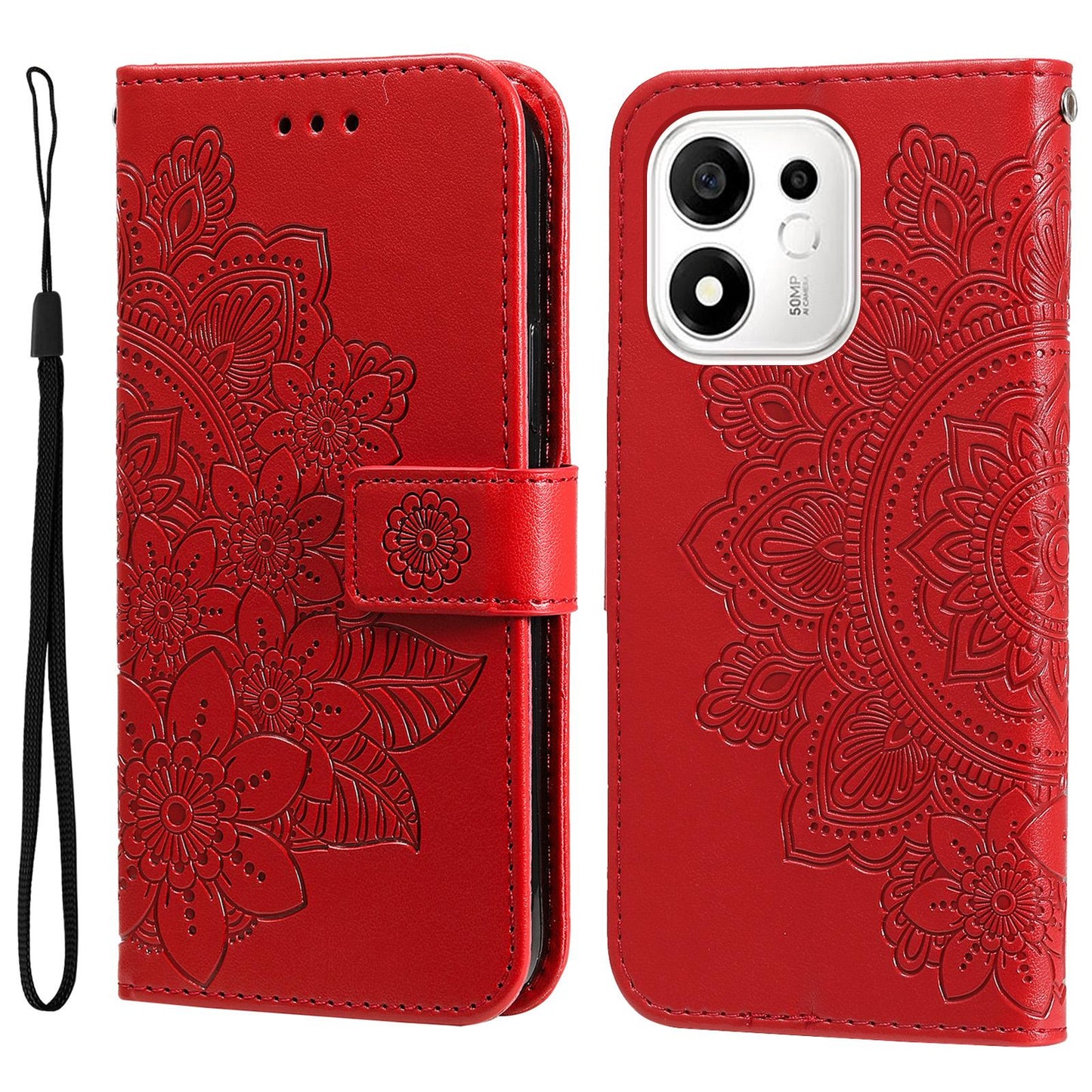 For Honor 600 Smart 5G Seven-petal Flowers Embossing Leather Phone Case(Red)