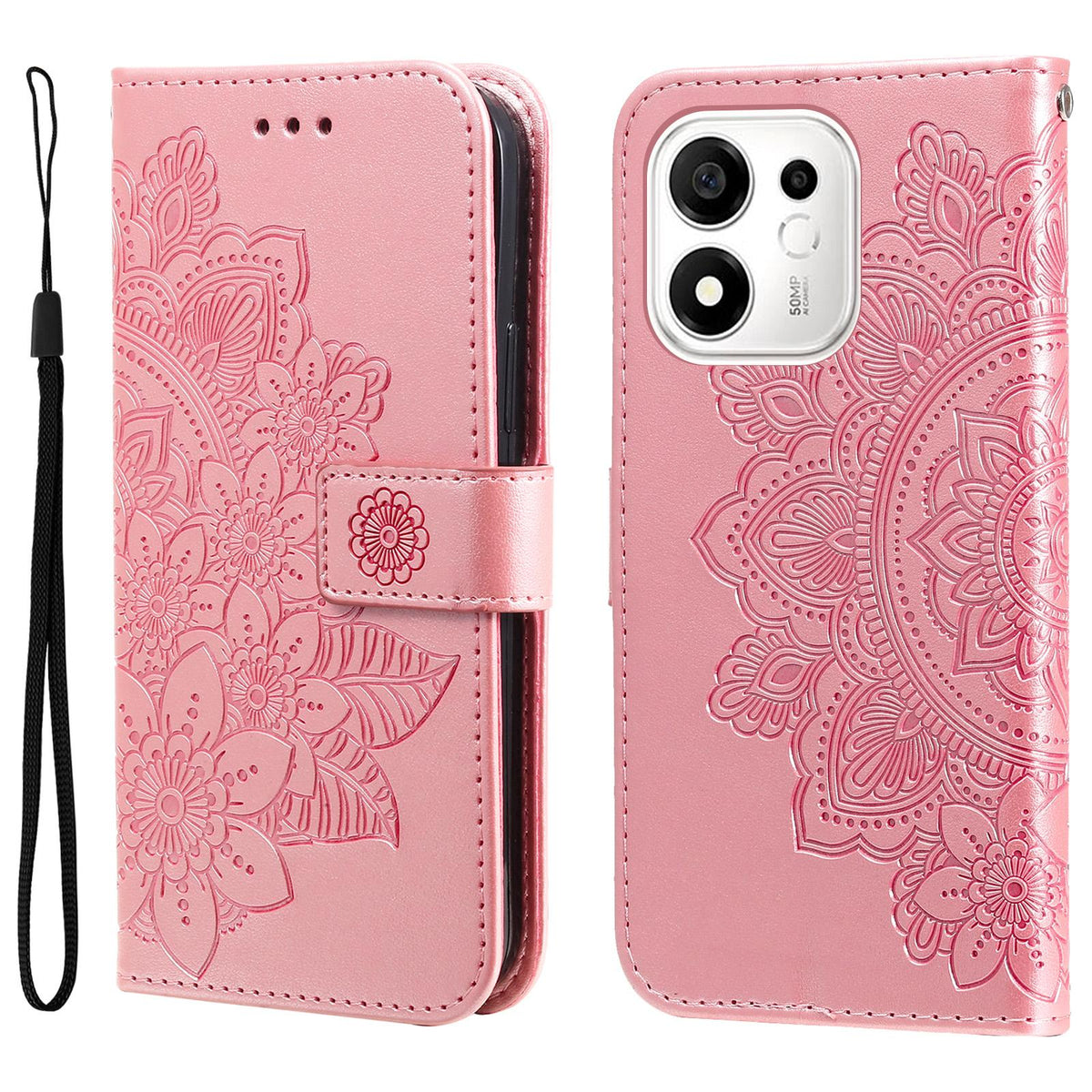 For Honor 600 Smart 5G Seven-petal Flowers Embossing Leather Phone Case - Rose Gold - EDA004647840E