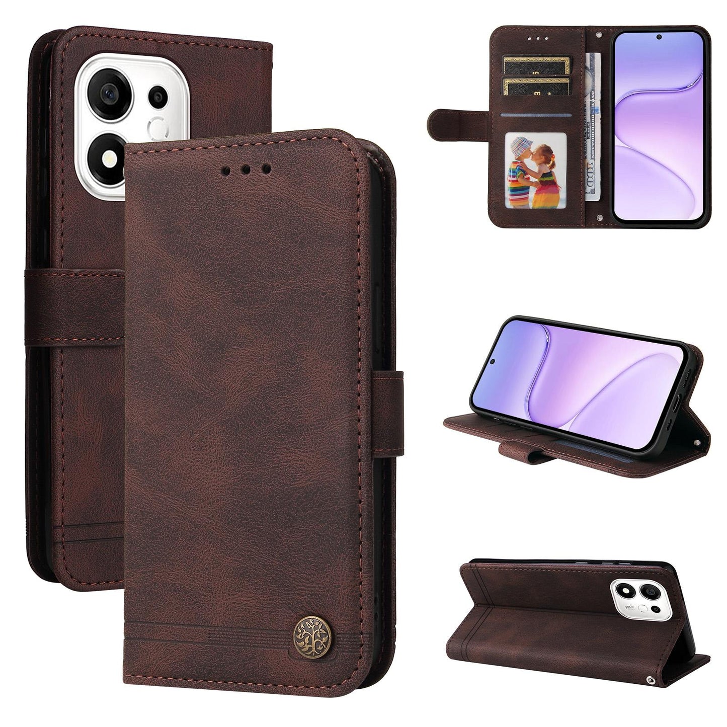 For Honor 600 Smart 5G Skin Feel Life Tree Metal Button Leather Phone Case(Brown)
