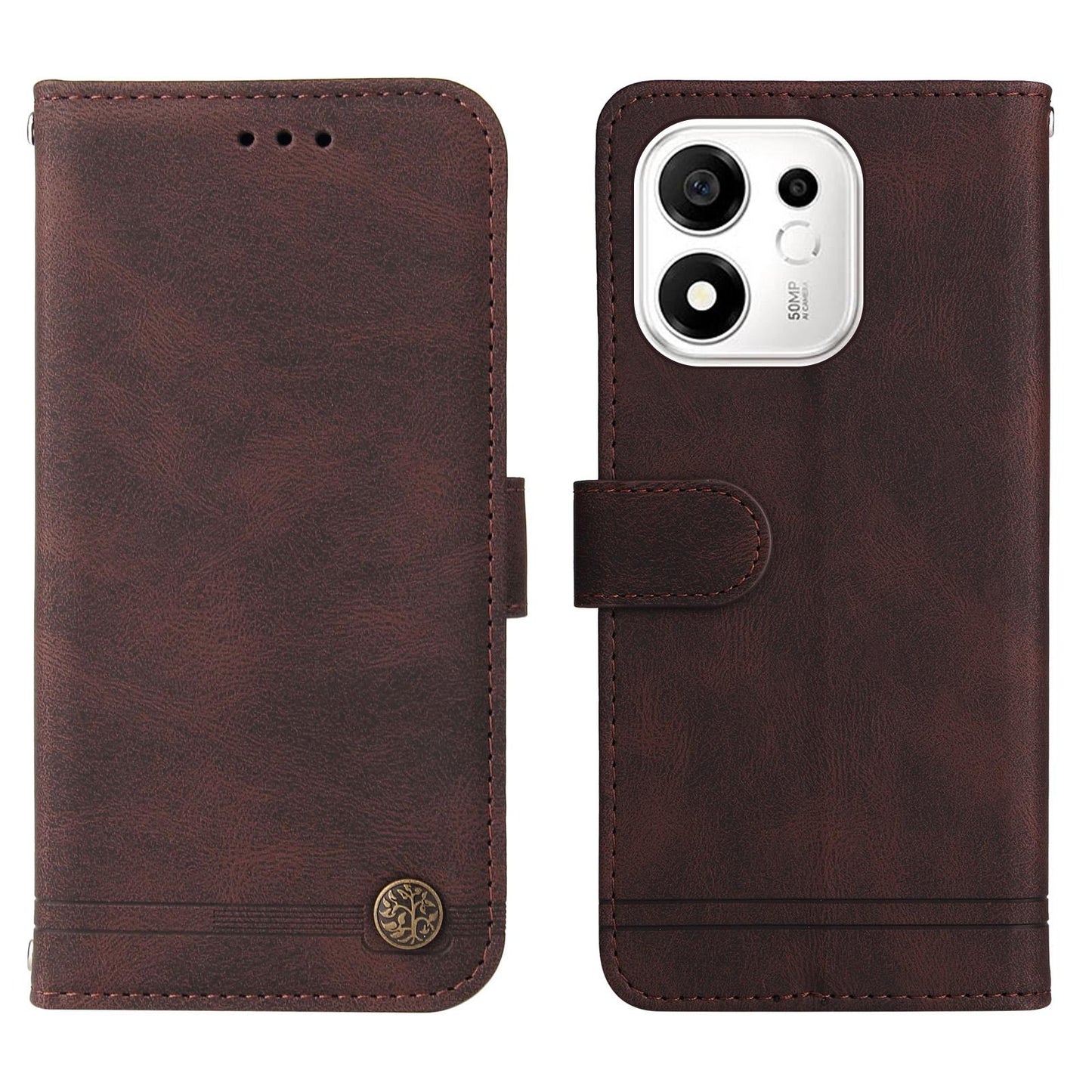 For Honor 600 Smart 5G Skin Feel Life Tree Metal Button Leather Phone Case(Brown)